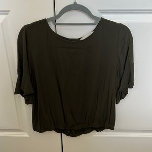 Loft Size Medium Short Sleeve Dark Green Blouse Flutter Sleeve w/ Cinched Waist